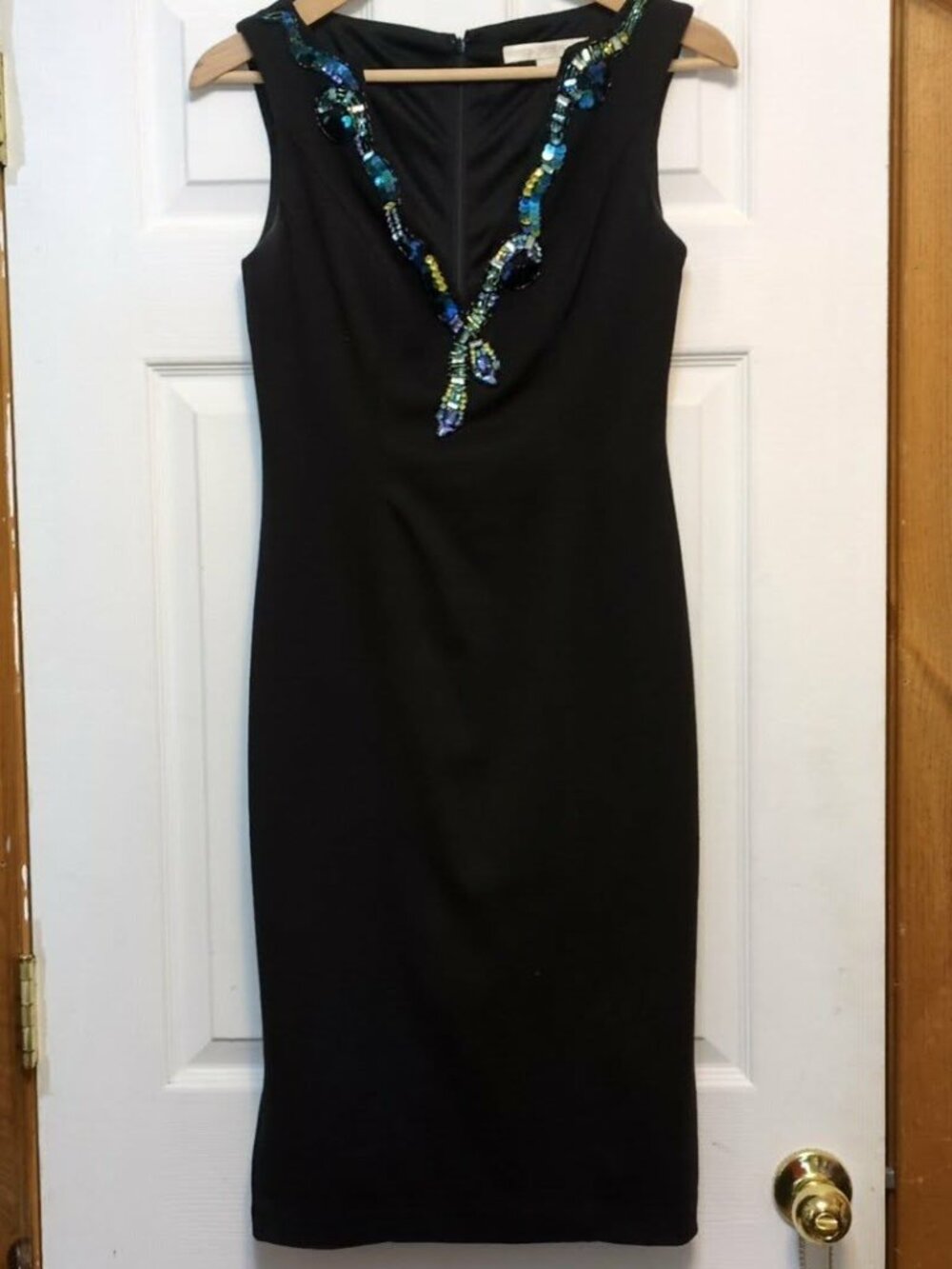 Boston Proper Jeweled V-Neck Sheath Dress Sz 4 Black Sequin Bead Cocktail Classi